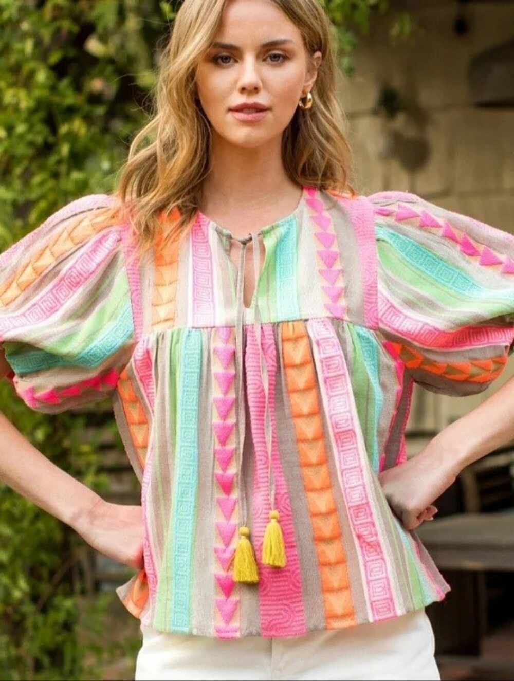 THML Eloise Embroidered Short Puff Sleeve Print Blouse Top Size XS